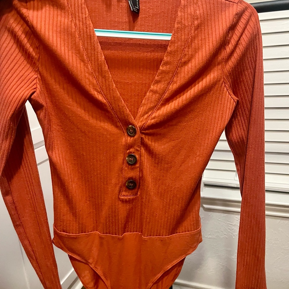 Rust Orange Ribbed Bodysuit with Buttons